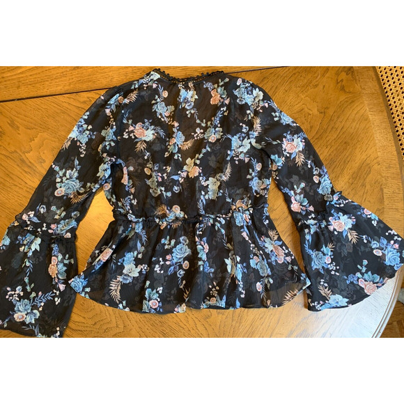 White House Black Market Black Peplum Semi Sheer Blouse Size MP - Picture 4 of 10